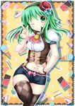  breasts cake candy chocolate chocolate_bar doughnut food fruit green_eyes green_hair gumi hand_on_hip highres ice_cream ice_cream_cone inumine_aya macaron medium_breasts midriff navel one_eye_closed pocky short_hair_with_long_locks short_shorts shorts sidelocks slice_of_cake solo strawberry strawberry_shortcake thighhighs tongue tongue_out vocaloid 