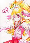  aida_mana bad_id bad_pixiv_id ballpoint_pen_(medium) blonde_hair bow colored_pencil_(medium) cure_heart dokidoki!_precure hair_ornament half_updo heart heart_hair_ornament highres long_hair maruta_roko one_eye_closed outstretched_arm pink_bow pink_eyes pink_sleeves ponytail precure smile solo traditional_media 