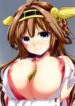  ahoge bare_shoulders blue_eyes blush breasts brown_hair detached_sleeves hairband headgear highres huge_breasts japanese_clothes kaizuka kantai_collection kongou_(kantai_collection) long_hair looking_at_viewer nipple_slip nipples simple_background smile solo 
