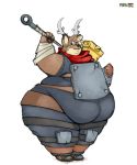  anthro antlers arkveveen_(artist) armor bastion_(game) belly belly_overhang belt big_belly brown_fur cervine chubby_cheeks clothed clothing cosplay double_chin fur hammer holding_object holding_weapon horn male mammal obese obese_male overweight overweight_male scarf simple_background solo standing tan_fur thick_thighs tools warhammer weapon white_background wide_hips wraps wrist_wraps 
