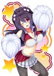  ;d black_legwear blush breasts cheerleader cleavage crop_top cu-no glasses hisenkaede jewelry kokonoe_tamaki large_breasts midriff navel necklace official_art one_eye_closed open_mouth pantyhose pince-nez pom_poms ponytail purple_hair red_eyes skirt smile solo 