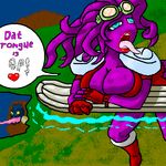  alien awesomenauts big_breasts breasts coco_nebulon eyewear female goggles leon_chameleon purple_skin sexually_suggestive suggestive text 