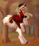  anthro blonde_hair breasts canine female fluffy_tail forest gradie hair mammal nightmare_(artist) solo tree watermark 