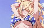  1girl animated animated_gif bikini blonde_hair blue_eyes breasts fairy_tail jenny_realight large_breasts long_hair lowres midriff solo swimsuit 