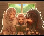  2girls azami_(kagerou_project) black_hair book closed_eyes dress family father_and_daughter highres hood hoodie husband_and_wife kagerou_project kozakura_shion long_hair mother_and_daughter multiple_girls red_eyes short_hair smile tsukihiko_(kagerou_project) unomi_(makiron910) very_long_hair white_hair 
