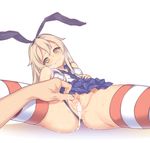  1girl akihazama black_panties blonde_hair blush breath cum cum_in_pussy elbow_gloves gloves hairband hetero highres kantai_collection long_hair looking_at_viewer navel panties panties_aside revision shimakaze_(kantai_collection) skirt spread_legs striped striped_legwear thighhighs underwear white_gloves 