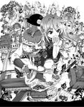  2girls caesar8149 crossover eating flying food fruit greyscale hat hat_removed headwear_removed highres hinanawi_tenshi journey_to_the_west monkey monochrome multiple_girls nagae_iku peach sun_wukong touhou village 