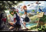  arm_ribbon arms_up belt bird_wings black_hair black_wings blonde_hair blue_dress blue_hair blue_sky bow cirno closed_eyes cloud daiyousei day dress fairy fairy_wings flying grass green_hair hair_bow hat hat_ribbon hiding ice ice_wings jizou juliet_sleeves kneeling lake letterboxed long_sleeves luna_child mountain multiple_girls onozuka_komachi open_mouth outdoors outstretched_arms praying puffy_sleeves red_hair ribbon scarlet_devil_mansion shameimaru_aya shiki_eiki shirt short_sleeves side_ponytail sign skirt sky smile star_sapphire statue stretch sunlight sunny_milk tokin_hat touhou tree urabe_michiru wings 