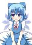  blue_dress blue_eyes blue_hair blush bow cirno dress hair_bow ice ice_wings looking_at_viewer masiromu open_mouth puffy_sleeves shirt short_sleeves sitting smile solo touhou v_arms wings 