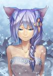  animal_ears bare_shoulders blue_eyes blue_hair braid cat_ears hair_ornament inheritage raijuu_(bakanara) short_hair smile solo 