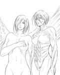  2girls christa_renz female_titan giant monochrome monster_girl multiple_girls nude shingeki_no_kyojin short_hair titan_(shingeki_no_kyojin) wings 