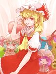  ascot blonde_hair character_doll flandre_scarlet gradient gradient_background hand_on_own_face hat hat_ribbon heart light_smile lips looking_at_viewer ma_nyan_(nyao_mao_nyao) mob_cap patchouli_knowledge puffy_short_sleeves puffy_sleeves red_eyes remilia_scarlet ribbon short_hair short_sleeves side_ponytail sitting skirt skirt_set solo stuffed_animal stuffed_toy teddy_bear touhou wings 