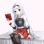  bad_id bad_pixiv_id black_legwear book brown_eyes hairband highres japanese_clothes kantai_collection long_hair looking_at_viewer makkori muneate shoukaku_(kantai_collection) silver_hair sitting smile solo thighhighs 