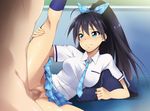  1girl bag black_hair blue_eyes blush censored clothed_sex fang ganaha_hibiki hair_ribbon hetero idolmaster idolmaster_(classic) kaiga leg_up long_hair long_legs lying mosaic_censoring necktie no_panties on_side penis petite ponytail pussy ribbon school_uniform sex skirt solo_focus vaginal 