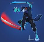  anthro canine dual_wielding glowing green_eyes katana male mammal plain_background stoopix sword unconvincing_armor weapon wolf 