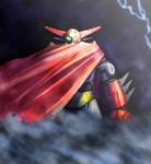  arm_blade black_clouds cape getter-1 getter_robo glowing glowing_eyes highres lightning mecha no_humans smoke solo weapon 