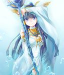  blue_eyes blue_hair crescent dress hair_tubes hairband isis_(p&amp;d) jewelry long_hair pendant puzzle_&amp;_dragons sidelocks smile solo staff tsunakan tsurime white_dress wide_sleeves 