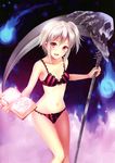  :d absurdres armpits bangs black_bra black_panties blush book bow bow_bra bow_panties bra breasts fog fukahire_(ruinon) genkai_tokki_monster_monpiece glowing highres hitodama holding holding_book holding_weapon lace lace-trimmed_bra lace-trimmed_panties looking_at_viewer magic_circle navel official_art one_side_up open_book open_mouth panties pentagram red_bra red_eyes red_panties runes scan scythe shinigami_(genkai_tokki_monster_monpiece) short_hair sidelocks silver_hair skull slender_waist small_breasts smile solo standing striped thigh_gap underwear underwear_only vertical-striped_bra vertical-striped_panties vertical_stripes weapon wide_hips 