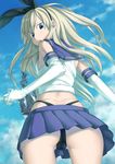  anchor ass bare_shoulders black_panties blonde_hair blue_eyes blush cloud day elbow_gloves from_behind from_below frown gloves hair_ornament hair_ribbon harmaline highres kantai_collection long_hair looking_at_viewer looking_back open_mouth panties ribbon sailor_collar shimakaze_(kantai_collection) skirt sky solo underwear upskirt white_gloves 