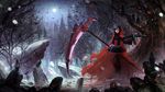  bare_tree bird black_hair boots cape crescent_rose cross crow dress full_moon moon outdoors pantyhose petals red_hair rose_petals ruby_rose rwby scythe short_hair snowing solo tree weapon zi_ye_(hbptcsg2) 