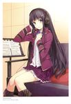  absurdres black_eyes black_hair chair coat feet_out_of_frame headphones highres legs long_hair miz music_stand plaid plaid_skirt purple_eyes purple_hair purple_skirt school_uniform sheet_music sitting skirt smile solo 