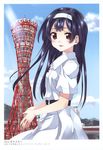  :d absurdres dress hands_together headband highres kobe kobe_port_tower kuroi_mimei landmark open_mouth purple_hair red_eyes smile solo tower 