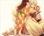  1girl armor barefoot black_hair closed_eyes facial_mark forehead_mark fur hexagon inuyasha japanese_clothes kimono komasawa_(fmn-ppp) long_hair moon pointy_ears rin_(inuyasha) sesshoumaru smile sword weapon whispering white_hair yellow_eyes 