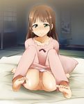  alternate_hairstyle amami_haruka anus ass barefoot blush brown_hair censored feet futon green_eyes hair_down hanging_scroll highres idolmaster idolmaster_(classic) kaiga knees_to_chest long_hair long_legs mosaic_censoring pajamas pajamas_pull panties panty_pull petite pussy scroll sitting solo tatami tokonoma underwear 