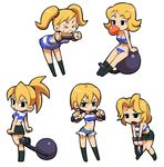  &gt;_&lt; :&lt; arm_support ball_and_chain_restraint bent_over black_eyes blonde_hair blush breasts bubble_blowing bustier chain chewing_gum cleavage clenched_hands clenched_teeth closed_eyes closed_mouth crop_top cuffs cutoff_jeans cutoffs eyebrows frown hair_between_eyes hair_intakes hooligan_sisters kneehighs knees_touching kou_(makoto_yabe) looking_at_viewer looking_back medium_breasts midriff mighty_(series) mighty_switch_force! miniskirt multiple_girls navel open_mouth ponytail prison_clothes shackles short_hair short_shorts short_twintails shorts siblings sisters sitting skirt sports_bra standing standing_on_one_leg striped_clothes teeth thick_eyebrows twintails v-shaped_eyebrows 