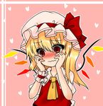  ascot bad_id bad_pixiv_id blonde_hair blush bow dress embarrassed flandre_scarlet hands_on_own_cheeks hands_on_own_face hat hat_bow heart koyashaka mob_cap pink_background red_dress red_eyes short_sleeves side_ponytail solo touhou wavy_mouth wings wrist_cuffs 