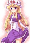  blonde_hair blush choker corset dress dress_lift elbow_gloves gloves hair_ribbon hat hat_ribbon highres long_hair looking_at_viewer mob_cap naba_(take_tonbo) open_mouth puffy_sleeves purple_dress purple_eyes ribbon ribbon_choker short_sleeves solo touhou tress_ribbon very_long_hair white_gloves yakumo_yukari 