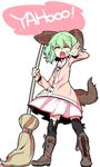  animal_ears boots broom closed_eyes dress green_hair kasodani_kyouko open_mouth shamo_(koumakantv) short_hair solo tail touhou 