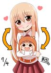  &gt;:) :d animal_costume arrow bad_id bad_pixiv_id blush blush_stickers brown_eyes chibi cloak dated directional_arrow doma_umaru dual_persona heart himouto!_umaru-chan hood komaru long_hair multiple_girls open_mouth school_uniform smile v-shaped_eyebrows yasagure_yukito 