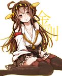  ahoge bare_shoulders breasts brown_eyes brown_hair cleavage detached_sleeves double_bun hair_ornament hairband headgear highres japanese_clothes kantai_collection kiwamete_bureibuna_mato kongou_(kantai_collection) large_breasts long_hair looking_at_viewer sitting smile solo wariza white_background 
