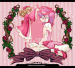  blonde_hair bow flower gloves hair_ribbon head_wreath hina_ichigo kaname_madoka kuwae magical_girl mahou_shoujo_madoka_magica multiple_girls pink_background pink_bow pink_hair putting_on_headwear ribbon rozen_maiden 