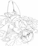  belt breasts cleavage detached_sleeves greyscale headphones highres lineart long_hair looking_at_viewer lying medium_breasts midriff monochrome navel necktie on_back routo_(rapi) solo upside-down vocaloid voyakiloid yowane_haku 