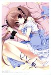  absurdres ankle_lace-up ankle_ribbon barefoot bdsm bed bondage bound bound_wrists brown_hair chain collar cross-laced_footwear cuffs dress finger_to_chin frilled_pillow frills hair_ribbon highres ichinose_himeki imouto_choukyou_nikki key lying nanaka_mai on_side pillow purple_eyes ribbon scan solo twintails 