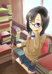  absurdres adjusting_eyewear aoki_minami_(+box) black_hair blue_eyes book book_stack cardigan chair glasses highres looking_at_viewer original ringed_eyes school_uniform short_hair sitting skirt smile solo sweater window 