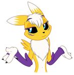  black_sclera blue_eyes canine chest_tuft digimon fox fur gloves hair hi_res mammal mane markings navel renamon shrug solo symbol tuft white_hair zutheskunk 