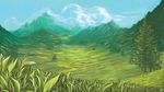  blue_sky cloud day flower grass highres lily_of_the_valley medicine_melancholy mountain nameless_hill outdoors rat1989 scenery sky solo touhou tree valley 