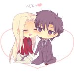  1girl black_eyes black_hair cheek-to-cheek chibi couple emiya_kiritsugu fate/zero fate_(series) hetero husband_and_wife irisviel_von_einzbern knight07 long_hair pantyhose white_hair 