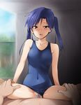  1girl blue_hair blush brown_eyes censored clothed_sex cowgirl_position cum cum_in_pussy girl_on_top hetero highres idolmaster idolmaster_(classic) kaiga kisaragi_chihaya long_hair mosaic_censoring one-piece_swimsuit open_mouth penis petite pussy school_swimsuit sex smile solo_focus spread_legs straddling sweat swimsuit swimsuit_aside twintails vaginal 