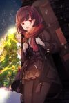  1girl :d anizi_(anizi9621) bangs black_hair black_jacket black_legwear black_shirt brown_skirt buttons christmas christmas_tree commentary_request cowboy_shot dress_shirt enpera eyebrows_visible_through_hair girls_frontline gloves guitar_case hair_ornament highres instrument_case jacket long_hair long_sleeves looking_at_viewer miniskirt necktie night night_sky one_side_up open_clothes open_jacket open_mouth outdoors pantyhose red_eyes red_neckwear red_scarf scarf shirt skirt sky smile solo standing tears upper_teeth wa2000_(girls_frontline) white_gloves winter winter_clothes 