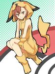  animal_costume brown_eyes brown_hair cosplay gen_1_pokemon highres kamo_(yokaze) misaka_mikoto pikachu pikachu_(cosplay) pokemon power_connection short_hair solo to_aru_kagaku_no_railgun to_aru_majutsu_no_index 