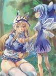  alternate_costume bags_under_eyes blonde_hair blue_skirt bow breasts cirno cleavage_cutout commentary_request fundoshi grin hair_bow hair_ribbon huge_breasts japanese_clothes long_hair looking_at_viewer multiple_girls open_mouth ribbon seiza short_hair sideways_glance sitting skirt smile smirk thighhighs touhou white_legwear wings yakumo_yukari yohane 
