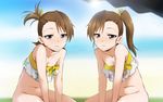  :3 bare_shoulders beach bottomless breasts brown_eyes brown_hair day futami_ami futami_mami hair_ribbon idolmaster idolmaster_(classic) kaiga long_hair multiple_girls navel ocean outdoors ribbon short_hair siblings side_ponytail sisters small_breasts smile swimsuit twins water 