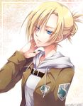  annie_leonhardt belt blonde_hair blue_eyes blush buckle colored_eyelashes emblem hood jacket lips long_sleeves military military_police_brigade_(emblem) military_uniform paradis_military_uniform ponytail shingeki_no_kyojin short_hair solo ueno_tsuki uniform 