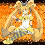  alice_in_wonderland alternate_costume apron bare_shoulders broom choker collarbone crossover cure_rosetta dokidoki!_precure double_bun dress earrings hair_ornament hair_ribbon hairband head_tilt jewelry kasetsu long_hair looking_at_viewer necklace orange_(color) orange_background orange_eyes orange_hair pantyhose pearl_necklace precure puffy_short_sleeves puffy_sleeves ribbon shoes short_sleeves sitting smile solo striped striped_legwear twintails very_long_hair wrist_cuffs yotsuba_alice 