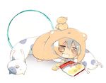  animal animal_costume animal_on_head brown_eyes cat chibi chips cloak dakimakura_(object) doma_umaru food hamster himouto!_umaru-chan hood hooded_cloak inushige komaru longcat nekoronbusu on_head pillow potato_chips solo 