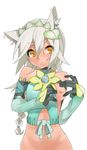  :&lt; animal_ears bare_shoulders bottomless breast_slip breasts detached_sleeves ear_twitch grey_hair kochiya_(gothope) medium_breasts navel nipples one_breast_out orange_eyes out-of-frame_censoring phantasy_star phantasy_star_online_2 rifra_biscana solo 